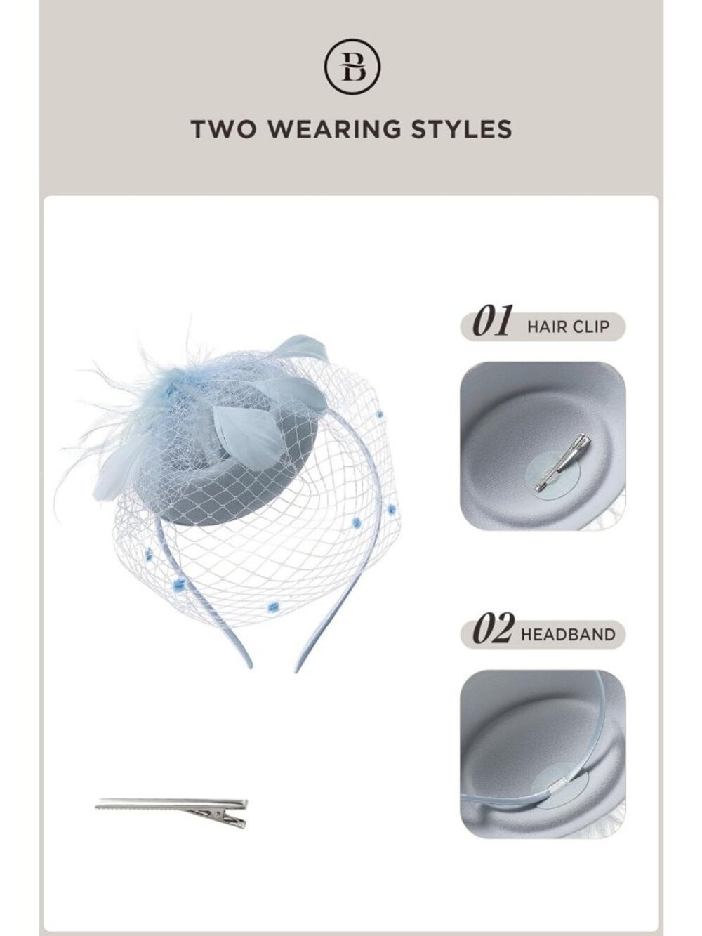 Elegant Tea Party Fascinator Hat with Mesh Veil & Feather Detail | Derby - Picture 6 of 7
